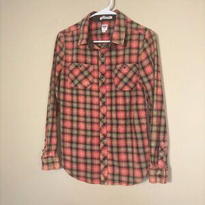 By Junkfood Red & Green Plaid Button Down Shirt with Peace Sign - Size S